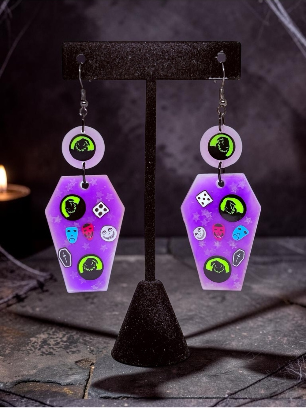 Oogie Nightmare before  Christmas Purple Coffin Dangle Earrings